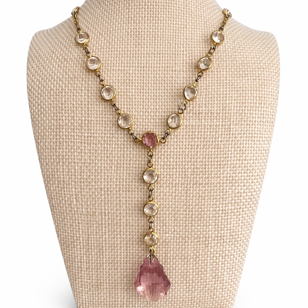 Swarovski Gold Lariat Necklace with Pink Teardrop Pendan